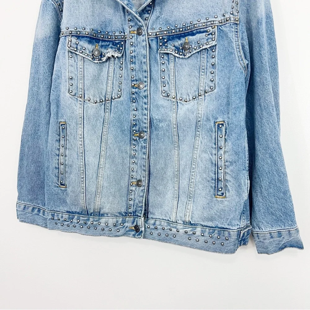 Free People Studded Denim Trucker Jacket in Blue Size Small - Picture 6 of 11